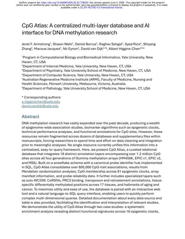 First page of CpG Atlas: A centralized multi-layer database and AI interface for DNA methylation research