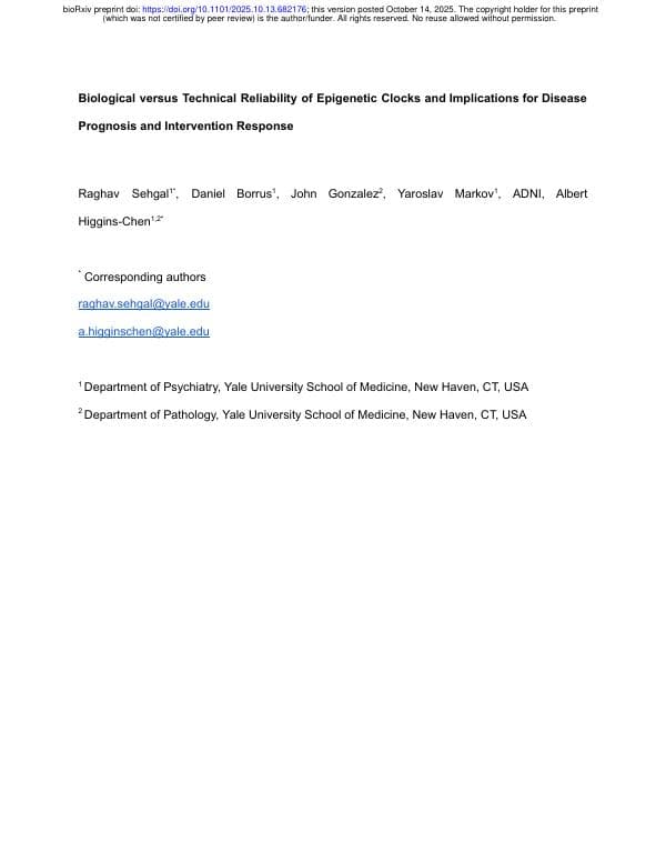 First page of Biological versus Technical Reliability of Epigenetic Clocks and Implications for Disease Prognosis and Intervention Response