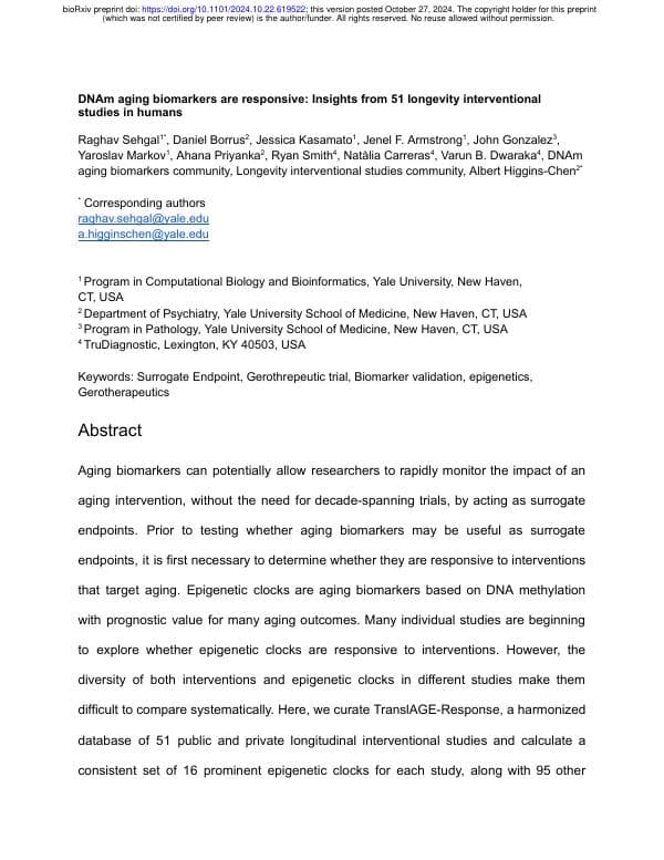 First page of DNAm aging biomarkers are responsive: Insights from 51 longevity interventional studies in humans