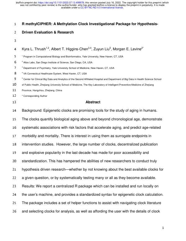 First page of methylCIPHER: A Methylation Clock Investigational Package for Hypothesis-Driven Evaluation & Research